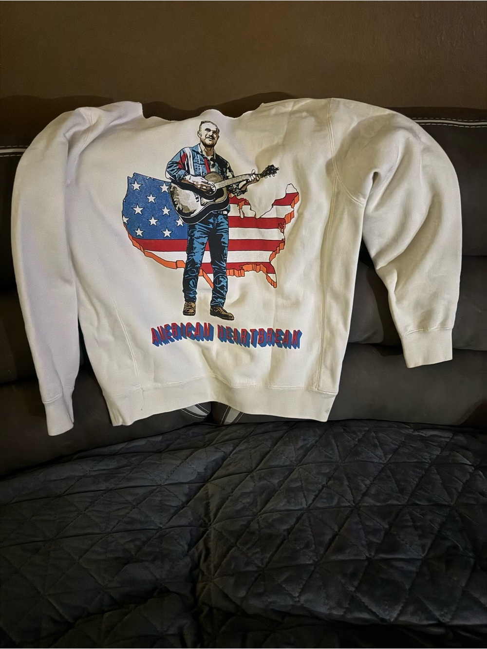 Zach Bryan off shoulder Off White Graphic Crewneck Sweater - American Heartbrea